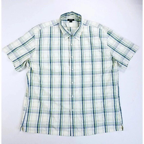 J. Crew Size XL Mens Vanilla Green Yellow Check Short Sleeve Cotton Pocket Shirt - Picture 1 of 10